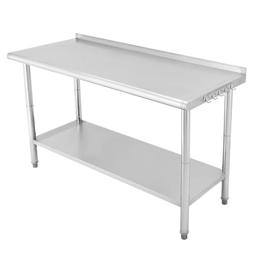 60" x 24" Stainless Steel Prep Table, NSF Metal Work Table with Backsplash, Adjustable Undershelf, 5 Hooks, Heavy Duty Workbench Workstation for Home Kitchen Restaurant