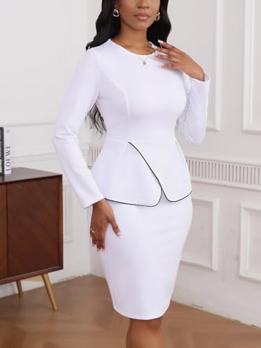 Women\'s 2 Piece Suit Skirt Set Peplum Long Sleeve Church Dress Suit Formal Office Business Midi Pencil Skirt Suit White XL