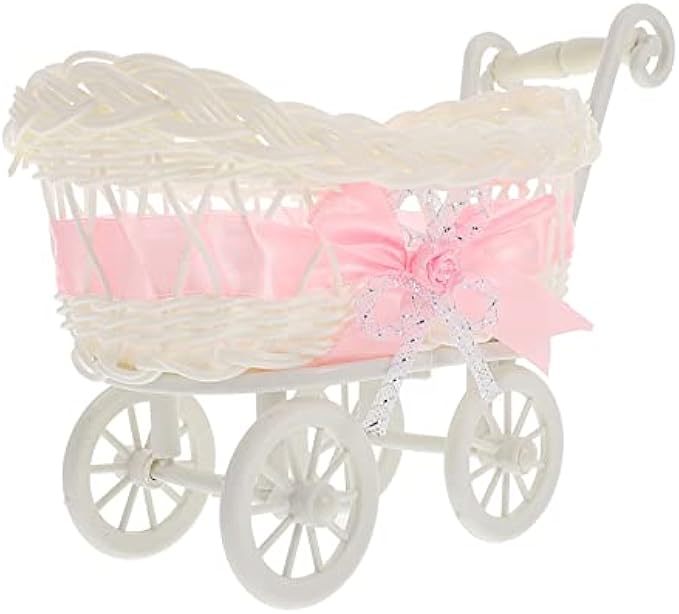 Ipetboom Rattan Candy Baskets Stroller Shape Wicker Bread Baskets Food Storage Baskets Display Bowl for Wedding Baby Shower Party Snack Fruit Vegetable