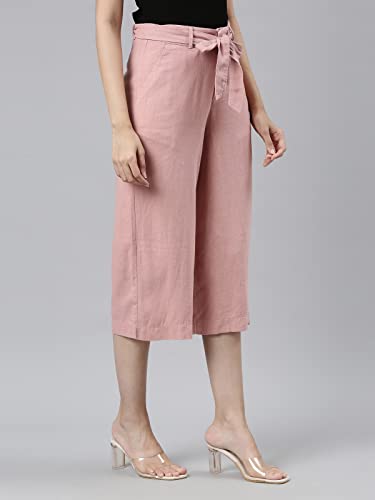 Image of GO COLORS Solid Linen Culottes for Women | High Rise, Side Pockets, Front tie-up