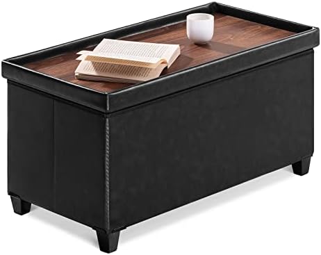 BRIAN & DANY Ottoman Storage Box with 4 Wood Legs, Faux Leather Foot Stool, Footstools for Living Room, Black, 76 x 38 x 38 cm