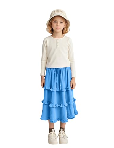 Image of Girls High Waisted Ruffle Maxi Skirt Soft Cotton Long Skirts with Elastic Waistband for Kid Girl 3-12 Years