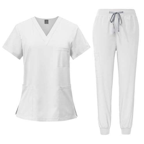 Meichoon - Set médico de mujer con blusa y pantalón médico de secado rápido, ultrasuave y elástico, cuello en V y 3 bolsillos DK05 Blanco X-Grande