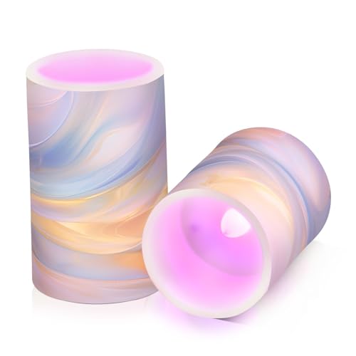 Image of Flickering Flameless Candles, Blue Gold Marble LED Candles with Remote Timer, Set of 2 Battery Operated Candle for Valentine Wedding Birthday