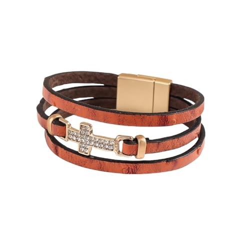 HUIANGLIYG Herren Damen Kreuz Lederarmband Breites Mehrlagiges Geflochtenes Handgefertigtes Armband Boho Zirkonia Kreuz Manschettenarmreif mit Magnetverschluss Modeschmuck Geschenk für Paare Orange