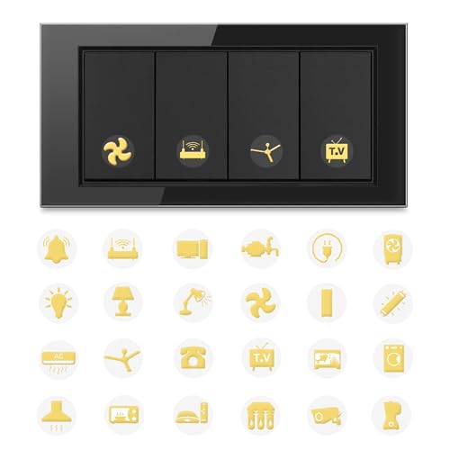Image of GLUN Electric Self-Adhesive Board Switch Plastic Surface Stickers, 38 Icons 600 Stickers Set Bright Golden Colors, for All Types of Appliances Or Machinery, Fan, Light, Fridge, AC, Switch Stickers