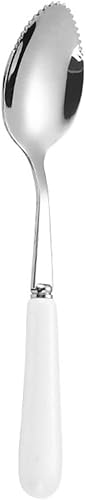 Cucharas de pomelo, cuchara dentada de acero inoxidable con mango de cerámica multicolor para cocina (plata, blanco)