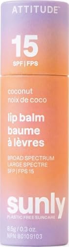 ATTITUDE Plastic-free Lip Balm with Sun Protection SPF 15, EWG Verified, Plant- and Mineral-Based Ingredients, Vegan and Cruelty-free, Coconut, 0.3 Oz