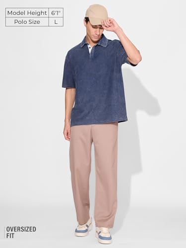 Image of The Souled Store Estate Blue Men and Boys Short Sleeves Collared Neck Solid Cotton Oversized Polos