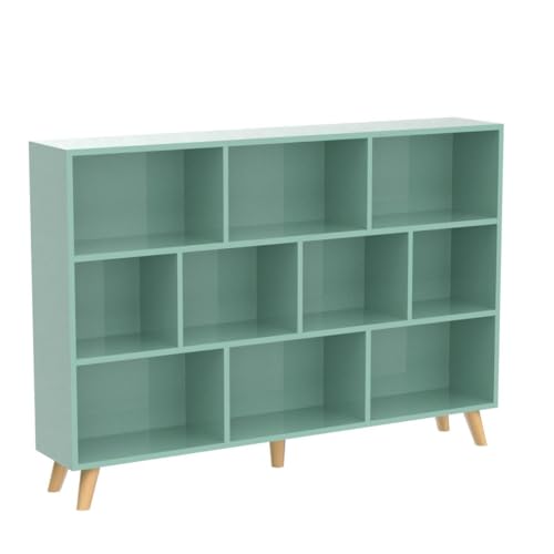 Image of IOTXY Wooden Open Shelf Bookcase - 3-Tier Bookshelf with Leg, Tiffany-Green