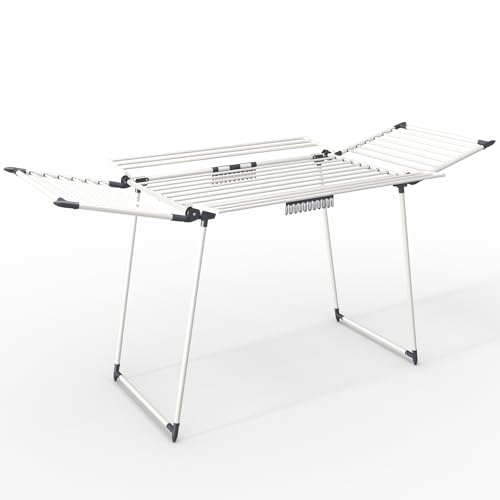 VOUNOT® Stendibiancheria Allungabile 25m di Stenditura, Stendino Pieghevole Richiudibile Salvaspazio con Ali Laterali e Mollette per Balcone, Interno ed Esterno, 175x92x106cm, Bianco