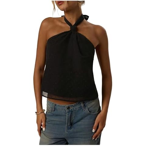 MakeMeChic Women's Tie Back Halter Tops Mesh Swiss Dots Knot Backless Sleeveless Tank Black X-Small Cover