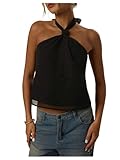 MakeMeChic Women's Tie Back Halter Tops Swiss Dots Knot Backless Sleeveless Tank Black Small