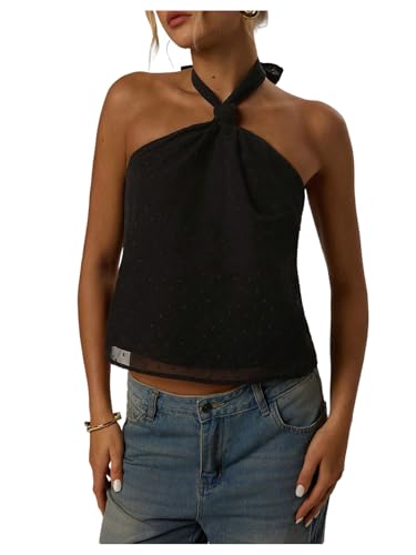 MakeMeChic Women's Tie Back Halter Tops Swiss Dots Knot Backless Sleeveless Tank