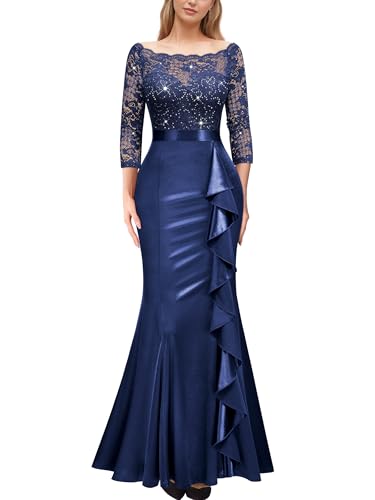 MIUSOL Women's Elegant 3/4 Sleeve Lace Sequin Ruffle Fishtail Wedding Banquet Party Maxi Dress (XX-Large, Navy Blue)