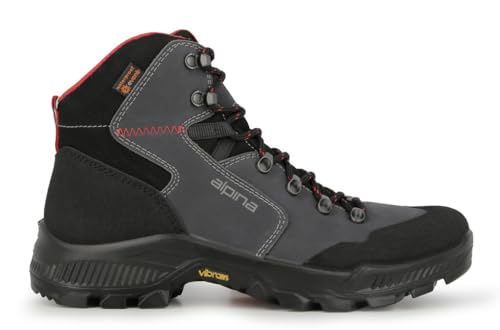 Alpina HELIOS - Botas de senderismo clásicas de cuero completo para hombre, 15 cm, impermeables, duraderas, de piel nobuk, antideslizante, suela Vibram, transpirable, agarre para todo tipo de clima,