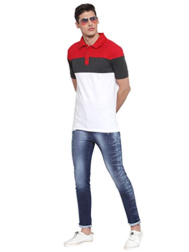 Image of Kalt Men's Half Sleeves Multicolour Polo Neck Cotton Blend T-Shirt(White::Dark Grey::Red)