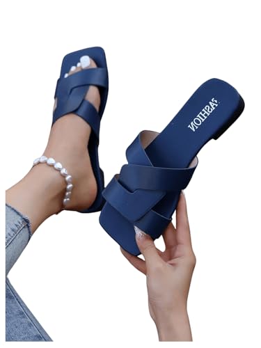 GORGLITTER Women's Strappy Wide Width Flat Sandals Open Square Toe Cross Dressy Slide Sandals3