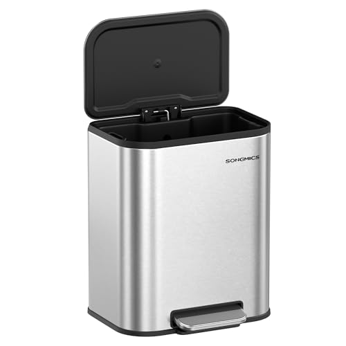 Image of SONGMICS Kitchen Trash Can, 5.2-Gallon (20L) Garbage Can with Lid, Stainless Steel, Soft Close and Stays Open, Inner Bucket, Wide Non-Slip Pedal, Metallic Silver ULTB542E20