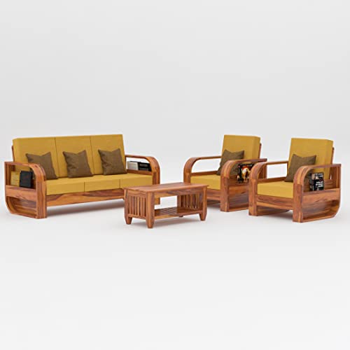Image of Douceur Furnitures Solid Sheesham Wood 5 Seater Sofa | Five Seater Sofa Set with Coffee Table for Living Room, Cafe, Office | (Honey Teak Cushion Mustard Yellow)