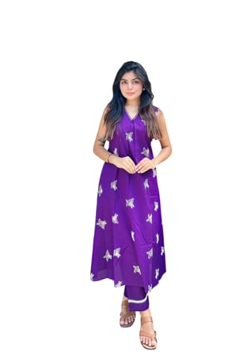 Image of MOKOSH Women's Cotton Embroidered & Hand Work Kurta Pant Set | Co-ords Set | Embroidery & Hand Work | Indian Kurta Outfit With Pant |2 Piece Outfit | V Neck Sleeveless