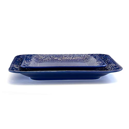 Elama Contemporary Square Embossed Stoneware Dinnerware Dish Set, 16 Piece, Indigo Blue #TOP4