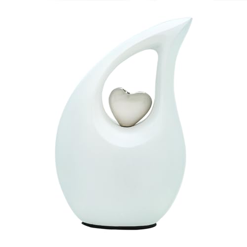 KEEPSAKE COMPANY Weiße, Matte, tropfenförmige kleine Mini-Urnen für menschliche Asche mit silbernem Herz (7,6 cm Höhe) – Urne – Bestattungsurne – kleine Haustierurne – ERN, weiß