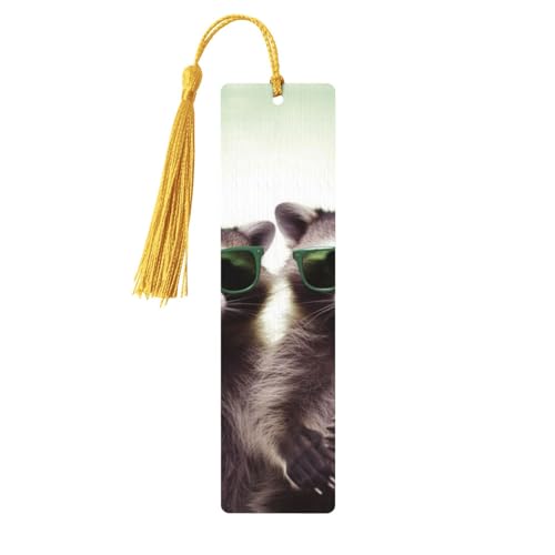 おもしろいアライグマグリーンサングラスしおり タッセル付き、木製しおり 女性用 男性用 ハンドメイド ブックマーク 読書ページマーカー 木製タグ オーナメント 誕生日 教師 ギフト