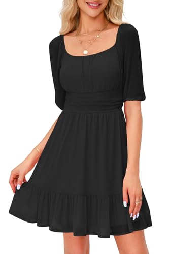 Imily Bela Damen Kleider Square Neck Partykleid Mesh Minikleid High Waist Falten Langarmkleid Hochzeitsgast mit Rüschen(1-Schwarz, S)