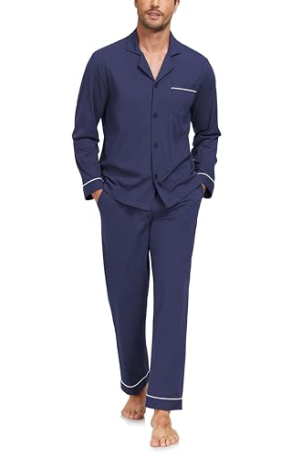 COLORFULLEAF Men's 100% Cotton Pajamas Set Button Down Long Sleeve Sleepwear with Pockets(Navy Blue XL)
