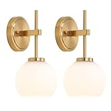 Gold Battery Operated Wall Sconce Set of 2, Wireless Rechargeable Sconces Wall Lighting with Remote Control, LED Dimmable Wall Lights with Opal White Glass Shade, 12 Colors RGB & 3 CCT Bulb