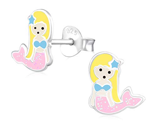 Laimons Kids Pendientes para niña Sirenita Azul, Amarillo, Rosa Plata de ley 925
