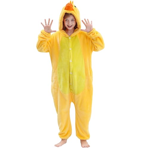 COOKY.D Unisexe Animal À Capuche Pyjamas Tout en Un Enfant Combinaison Gaming Filles Garçons Combinaison De Nuit Vêtements De Nuit Canard 9-10 Ans