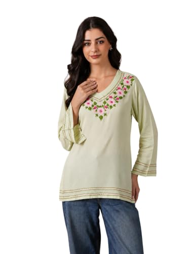Image of QAZMI Women's Floral Aari Embroidered Viscose Rayon V-Neck Full Sleeves Short Kurti