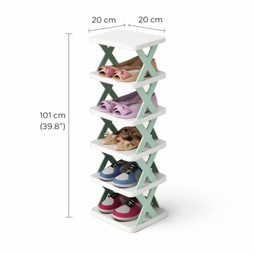 Image of STELITE 5-Layer Plastic Shoe Rack for Home | Stackable & Adjustable Shoe Organizer | Space-Saving Foldable Stand with Shoe & Book Storage Shelves | Green, Medium