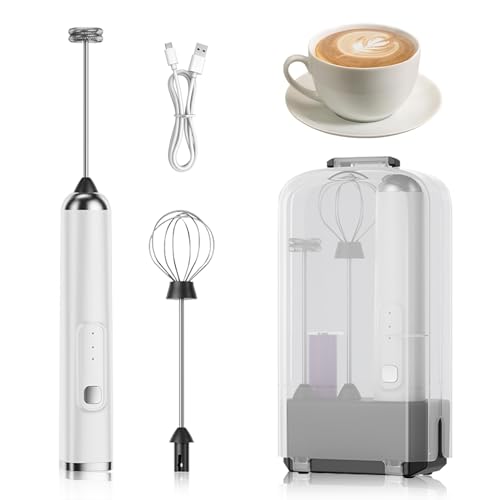 Espumador de leche con varilla, recargable, portátil, eléctrico, portátil, 3 niveles ajustables, con 2 espumadores extraíbles, espumador de leche eléctrico para latte, té matcha, capuchino (blanco)