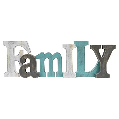 E-view Wooden Letters Sign Decorative Wood Block Signs Freestanding Word Cutout Distressed Teal Sign for Shelf Table Mantle Hanging Ornament Rustic Home Decor (Family) Cover