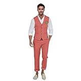 CUCUSISI Mens Linen Suit 2 Piece Casual Beach Wedding Slim Fit Groomsmen Tuxedos Prom Party Dress Vest and Pants Set Coral M