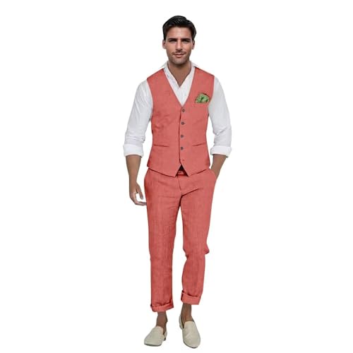 Mens Linen Suit 2 Piece Casual Beach Wedding Slim Fit Groomsmen Tuxedos Prom Party Dress Vest and Pants Set