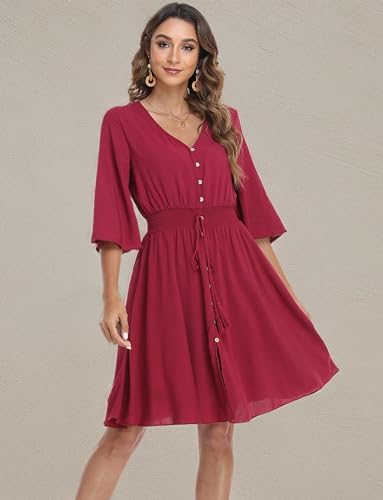Image of VintageClothing Women's Floral Sundresses Flowy Boho Summer Beach Dress | Lightweight Breathable material,Elegant V Neck and Button Front Design,Flared Bell Sleeve Cut,Mini Casual dress