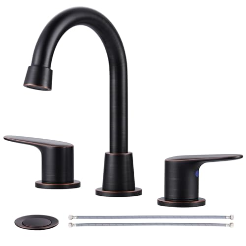 Bathroom Sink Faucet 3 Hole,8 Inch Widespread Matte Black Bathroom Faucet with Pop-up Drain and 2 Supply Hoses,360 Degree Swivel Spout 2 Handle Lead-Free Bath Faucet for Restroom Vanity Camp