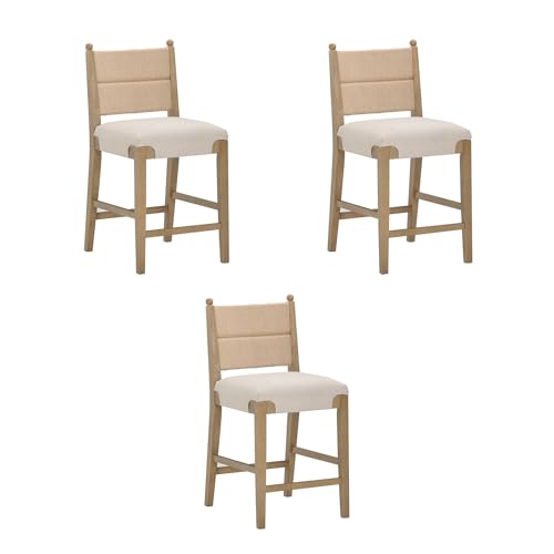 Image of Nathan James Cove Seagrass Counter Stool Wood Upholstered Bar Stool with Natural Flax Cushion and Seagrass Backrest, Light Brown, Set of 3
