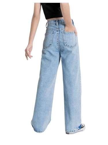 WDIRARA Girl's High Waisted Straight Leg Button Jeans Casual Pocket Denim Pants2