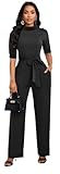 Picture of ZonJie Black Casual Jumpsuits for Women Dressy Round Neck Work 1/2 Sleeve Wide Leg Pants Rompers with Belt