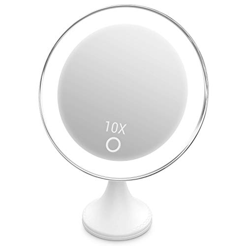 BEQOOL 10x Magnifying Makeup Mirror with Lights, 360°Swivel, 3 Colors Adjustable ,USB Plug in/Battery for Power, Portable, with Reusable Powerful Sticker, for Desk/Bathroom/Wall (Silver)