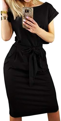 PALINDA Women's Short Sleeve Wear to Work Casual Pencil Wrap Dress Belted Sheath Black M