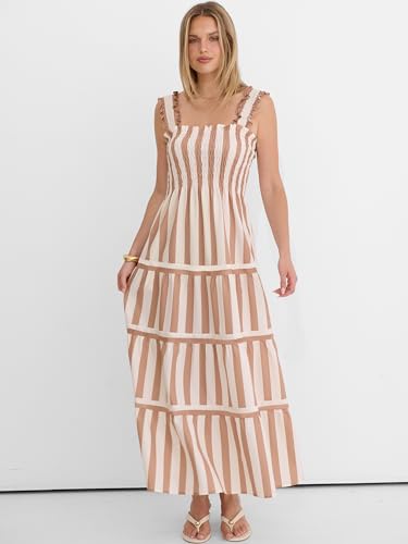 Image of Caracilia Womens Summer Maxi Dresses Floral Smocked Sleeveless Ruffle Boho Casual Flowy Aline Beach Vacation Long Sundress
