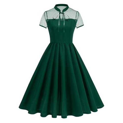 OMEWEE Cocktailkleid Damen Elegant Knielang Rockabilly Kleider Stehkragen Sheer Mesh Kurzarm festlichs Kleid A-Line Swing Vintage Abendkleider...