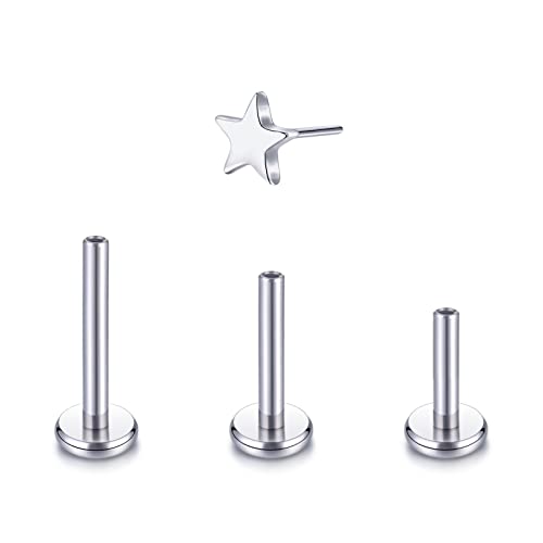 Oveta 4pcs 18G Titanium Threadless Labret Piercing Jewelry Push Pin Cartilage Helix Tragus Earrings for Women Star Top End and 1/4'',5/16'',3/8'' Flat Back Post