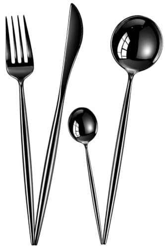 Image of Slim Handle Black 8 Pcs Stainless Steel Cutlery Set for Dining Table, Dishwasher Safe Glossy Flatware (2 Spoon Set + 2 Forks Set + 2 Butter Knife + 2 Dessert Spoon)